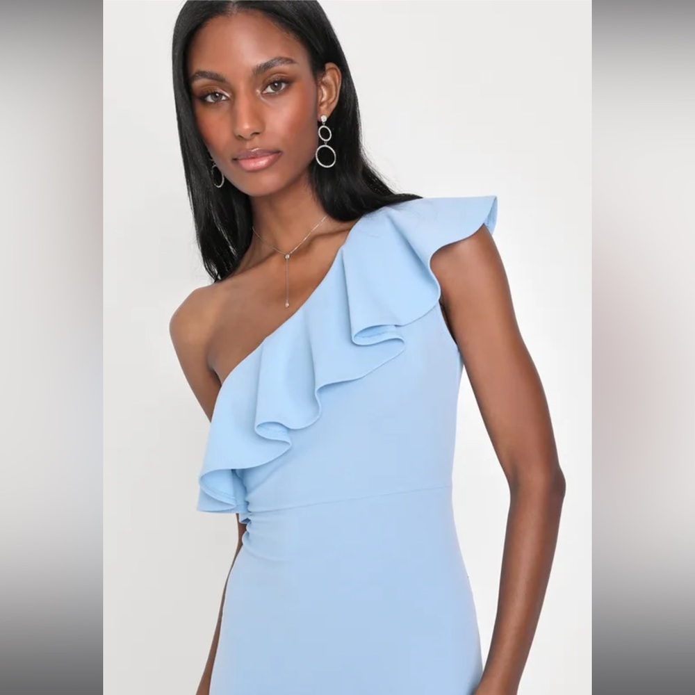 Lulus Last Forever Powder Blue One-Shoulder Ruffle Maxi Dress